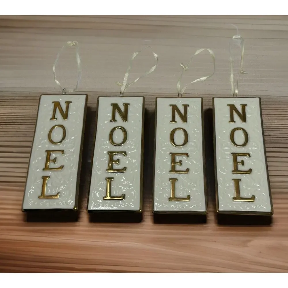Vintage Set of 4 Porcelain‎ NOEL JOY Christmas Ornaments White Gold Floral